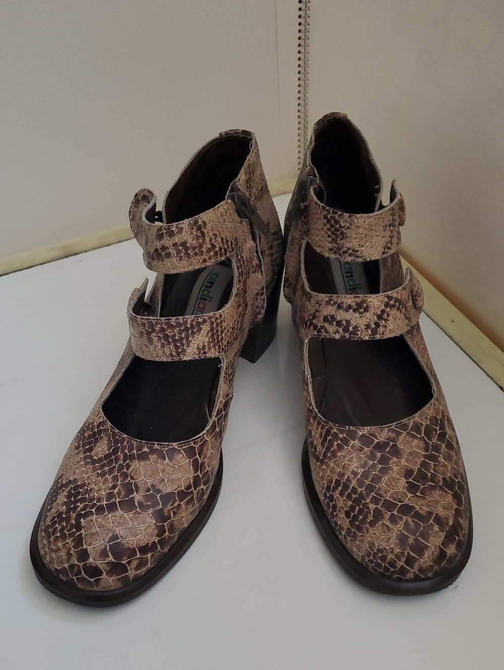 Italian Leather Snakeskin Print Double Strap Mary Janes